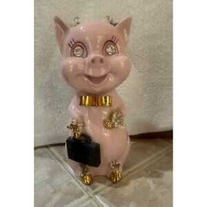 Vintage Lefton Piggy Bank Pink W/ Rhinestone Eyes & Gold Accents Ceramic Figurin
